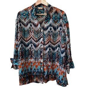 Vintage Tianello Paisley Multi Color Aztec Tribal  Button Up 100% Silk Blouse  M